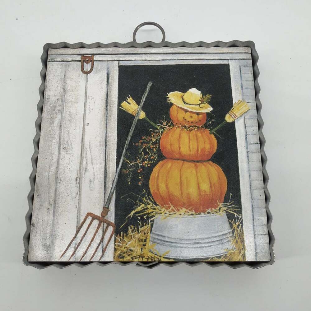The Round Top Collection Mini Fall Pumpkin ScarecrowPrint Charm 6x6x1 Fall Decor